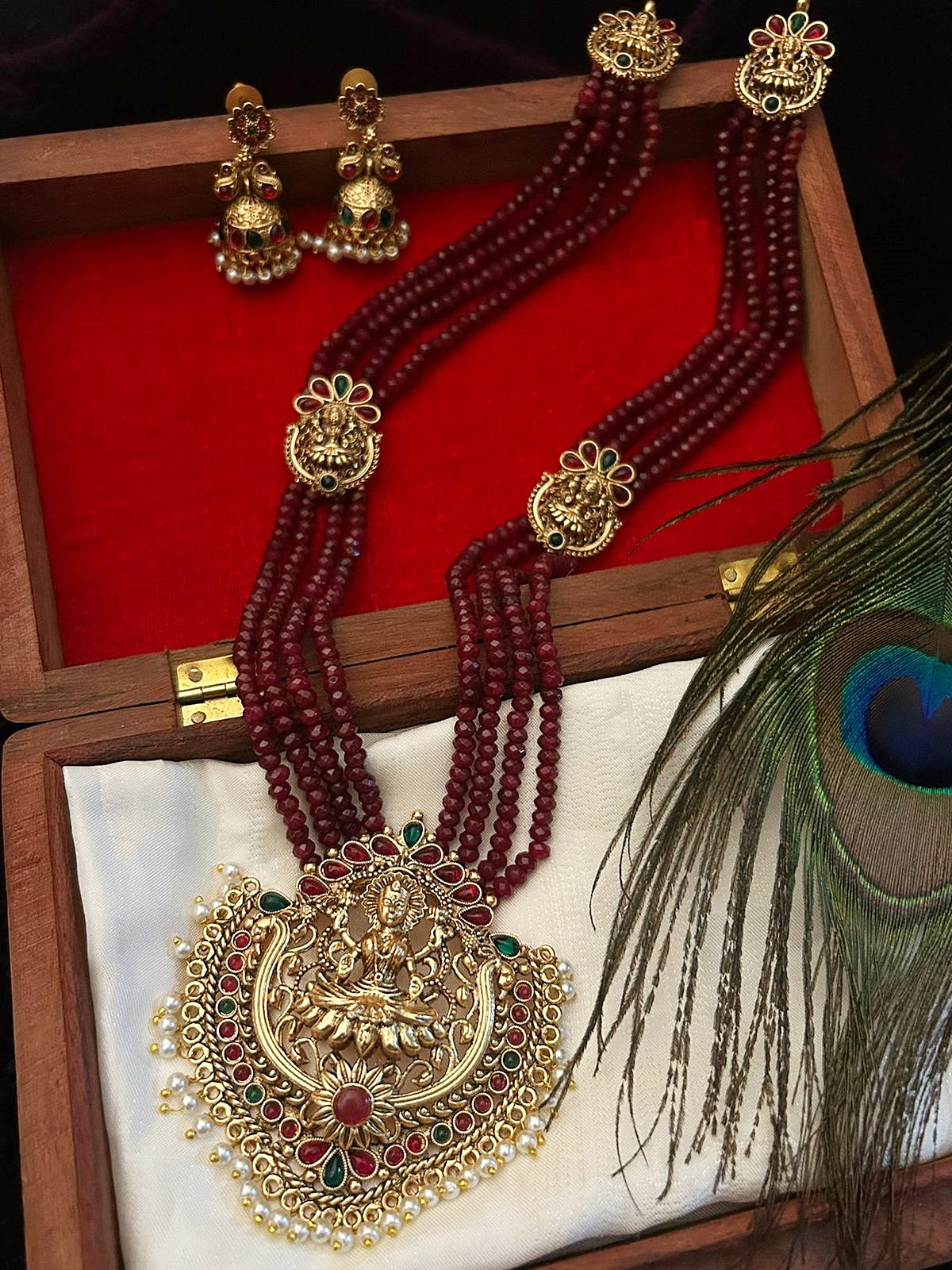 Gold plated Maroon Mani Layered necklace with Laxmi pendant