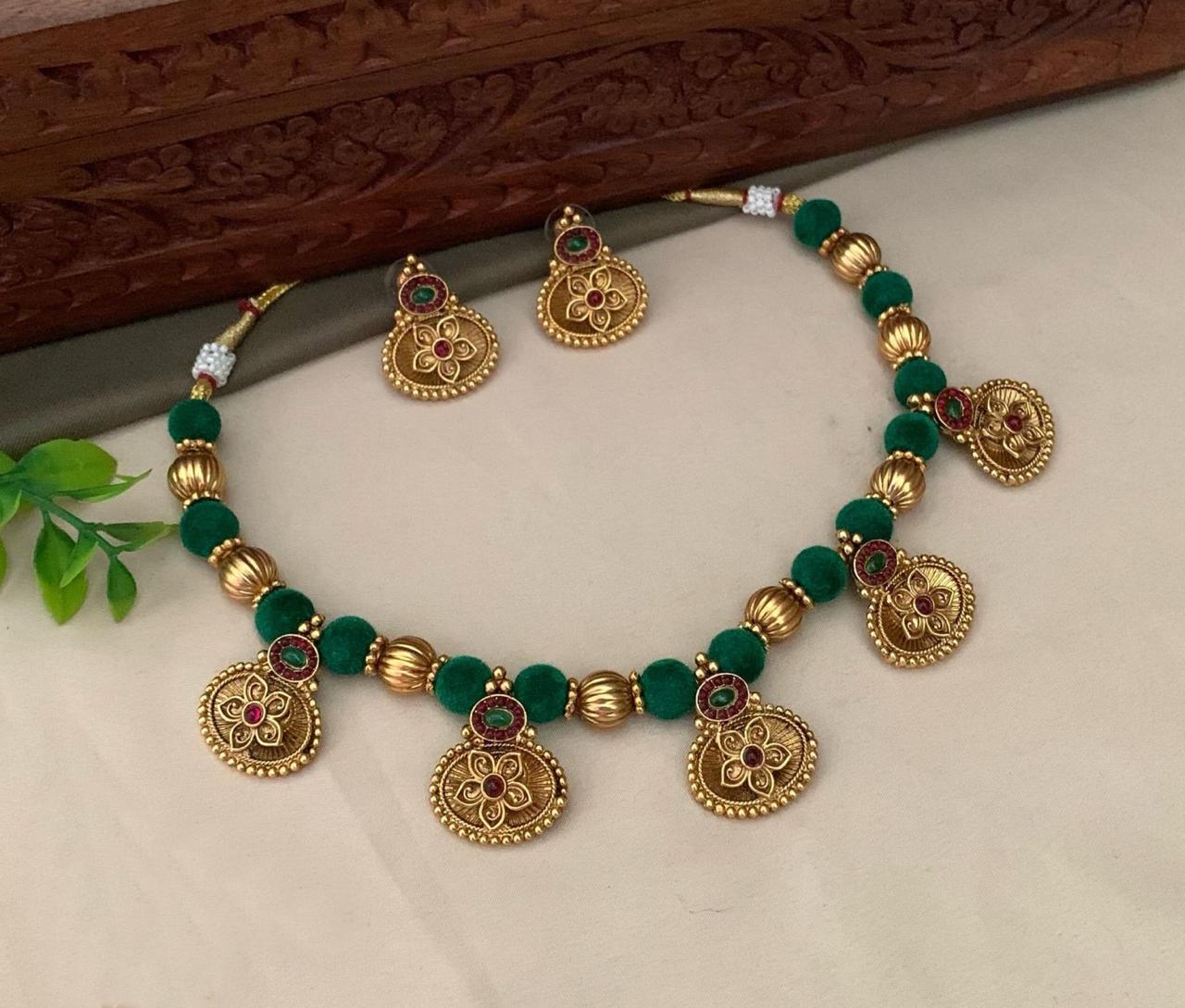 Silk Thread Necklace Set with Gold plated Flower motif