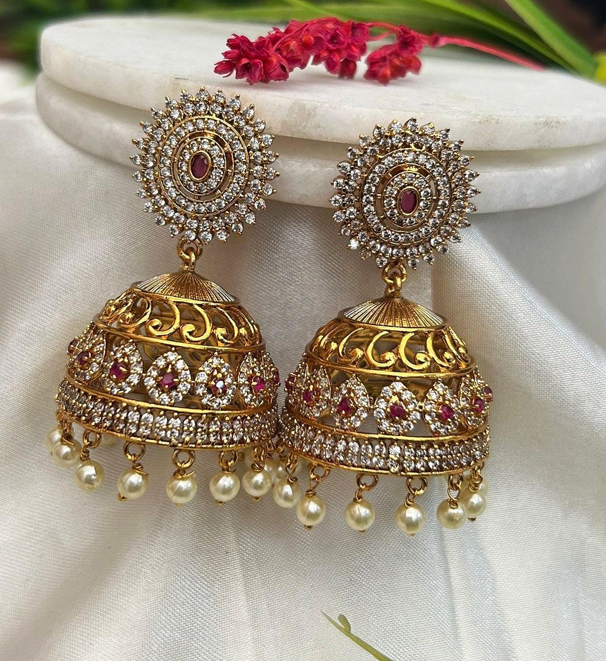 Gold Plated Real Kemp Stone Earrings Jhumka