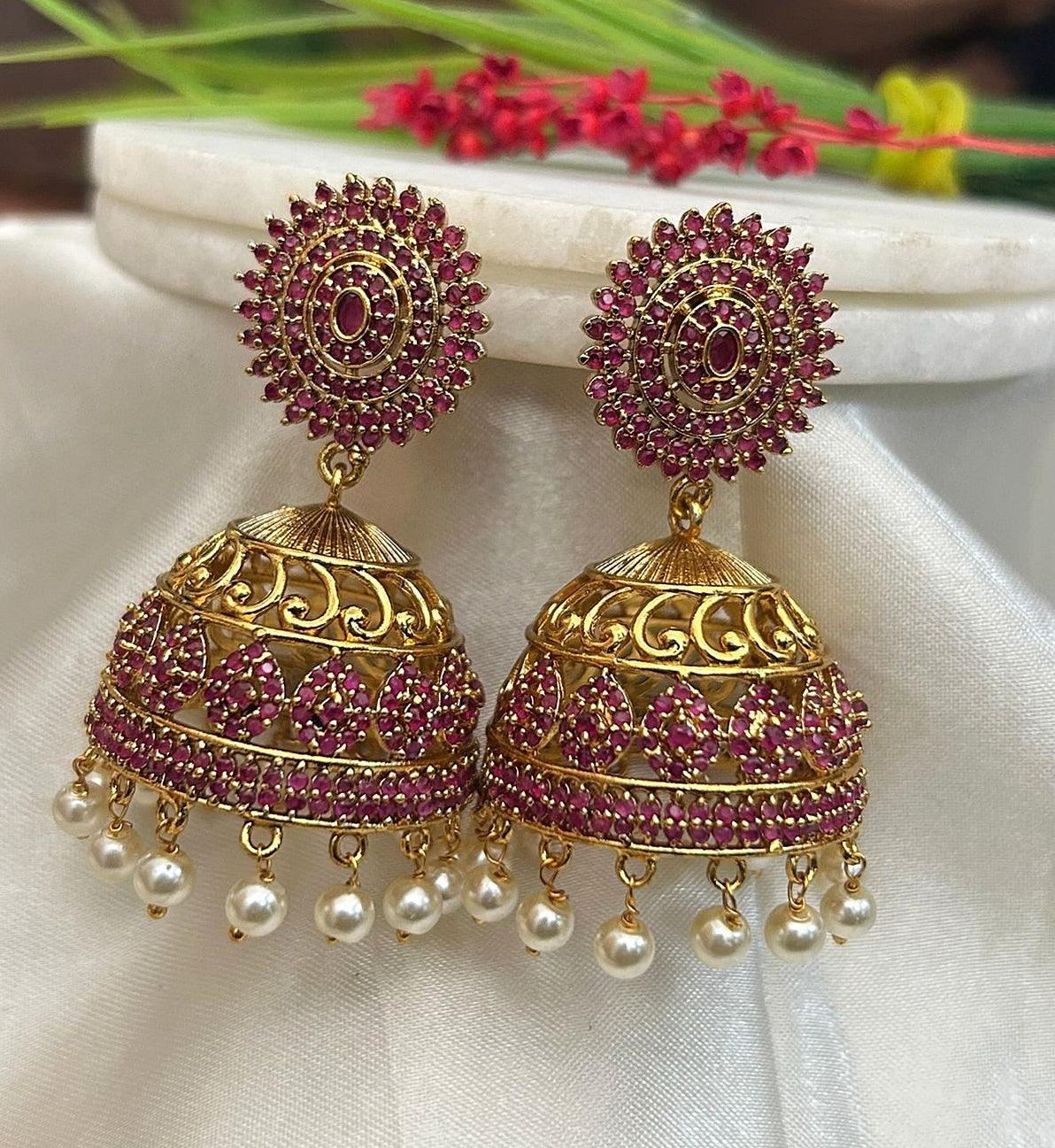 Gold Plated Real Kemp Stone Earrings Jhumka