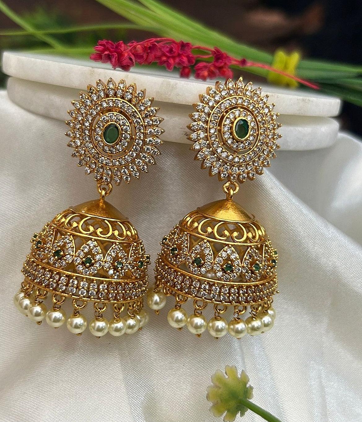 Gold Plated Real Kemp Stone Earrings Jhumka