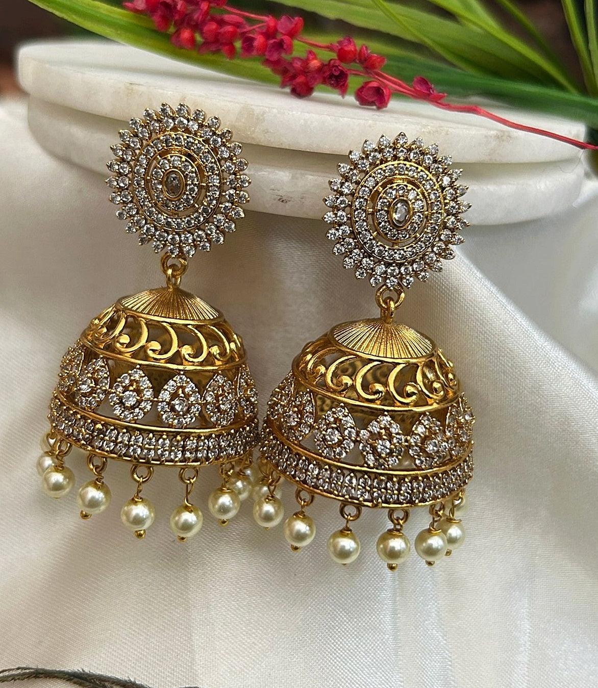 Gold Plated Real Kemp Stone Earrings Jhumka