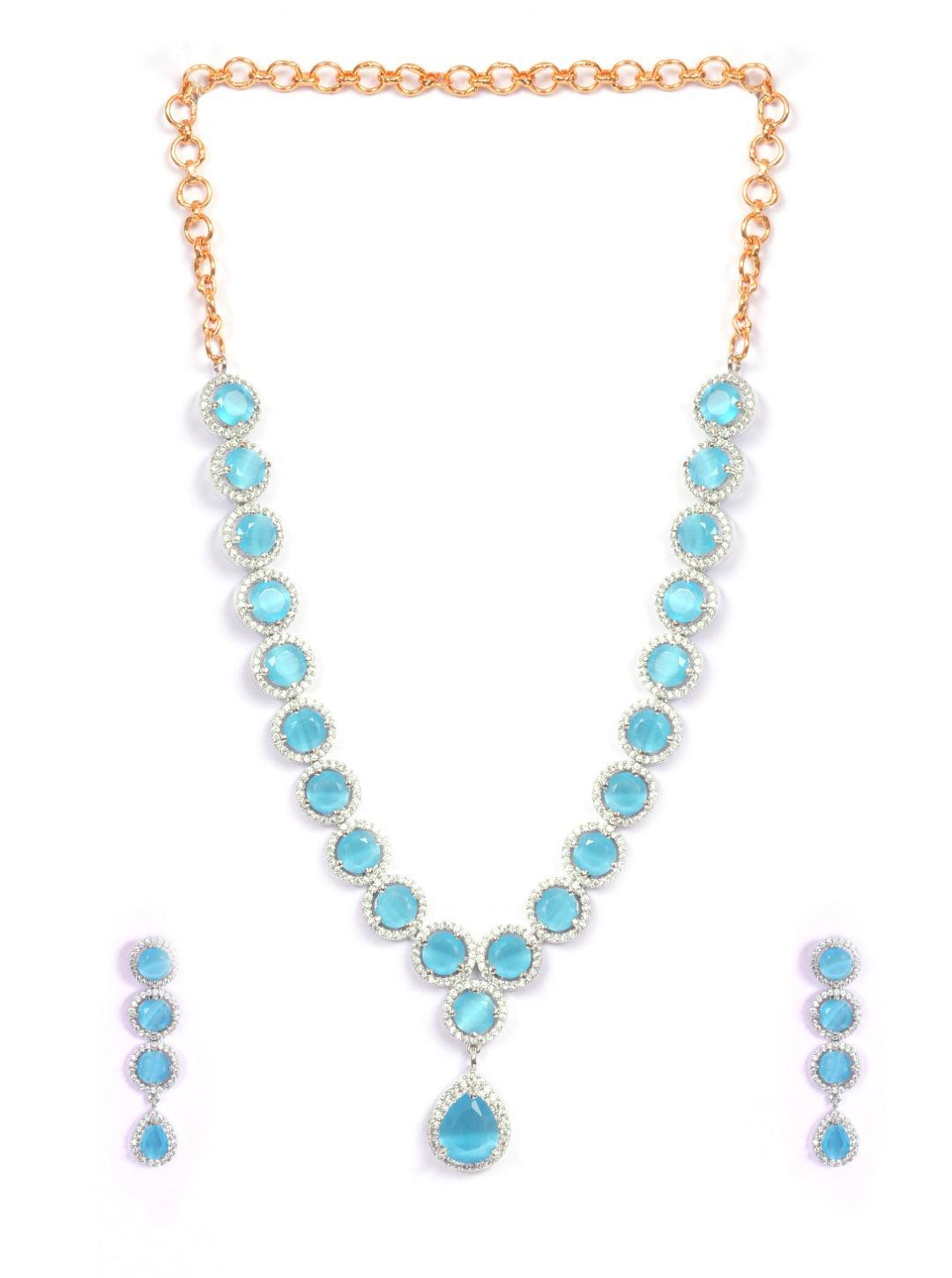 White Gold finish with Light blue stones Short AD necklace set 8928n - Griiham