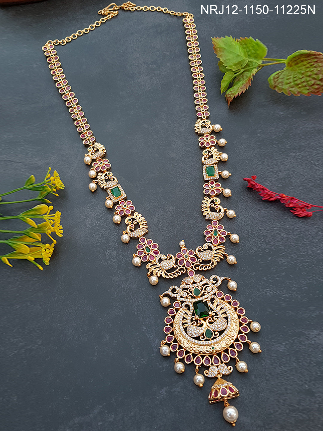 Premium Gold Plated Long Necklace with Multi colour CZ Stones 11225N